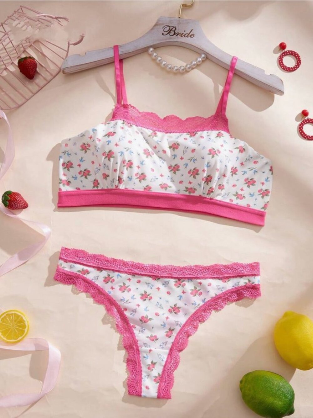Lace Trim Lingerie Set 2-Piece Pink Wireless Bra & Panty